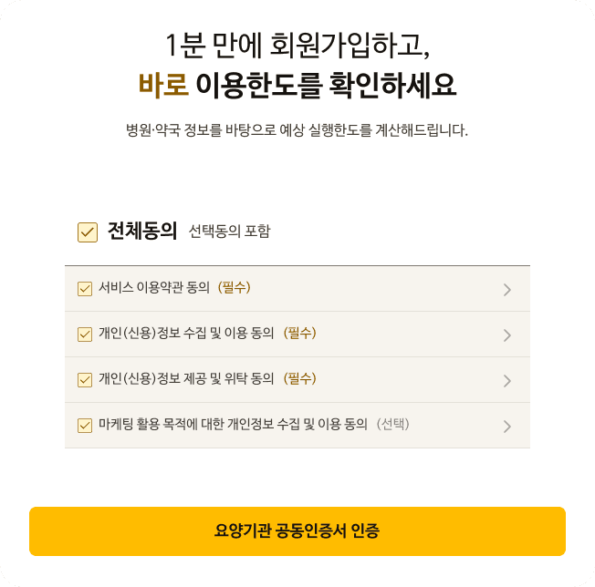약관 동의 및 공동인증서 인증 화면 예시